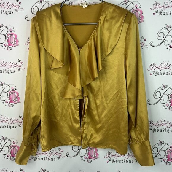 Bianca blouse ruffles shiny Chic Satin Gold Blouse with Ruffle Detail - Picture 1 of 8